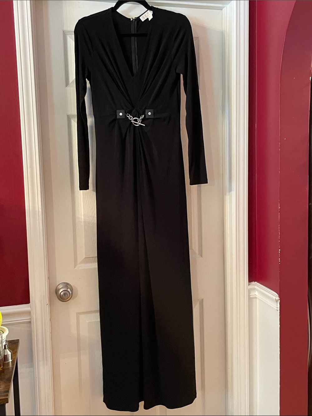 Michael Kors Black Long-Sleeve Maxi Dress with Twist Front and Silver Ring